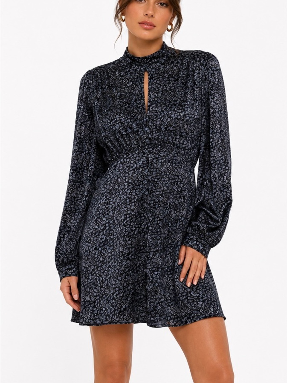 Mock Neck Long-Sleeve Floral Mini Dress in Black and Gray